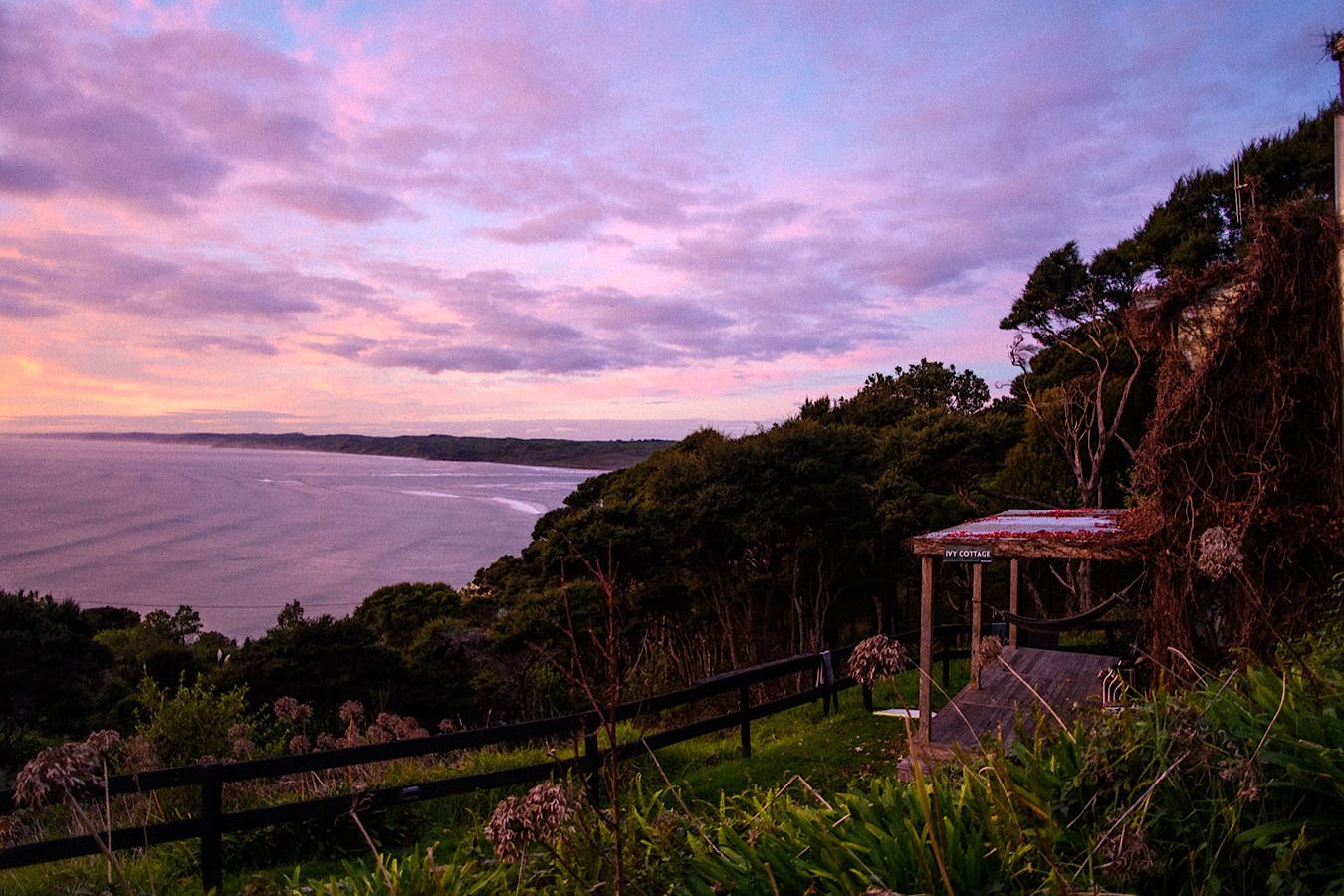 An incredible purple sunset from Solscape, one of the best camping spots in Raglan.